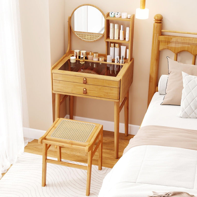 Small Bamboo Vanity Desk with Mirror and Stool for Bedroom Small Spaces