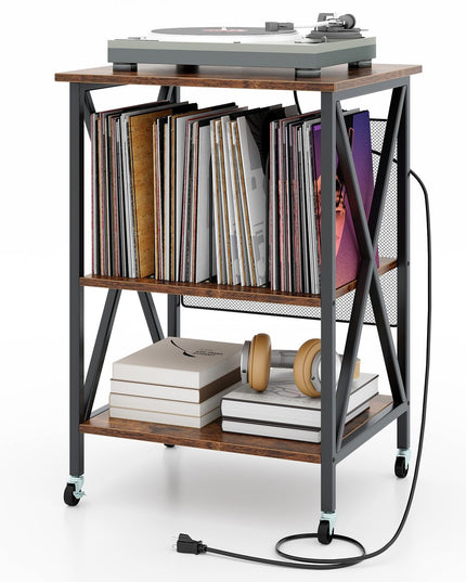 Giantex Record Player Stand with Charging Station, Turntable Stand with Record Storage & 4 Rolling Wheels