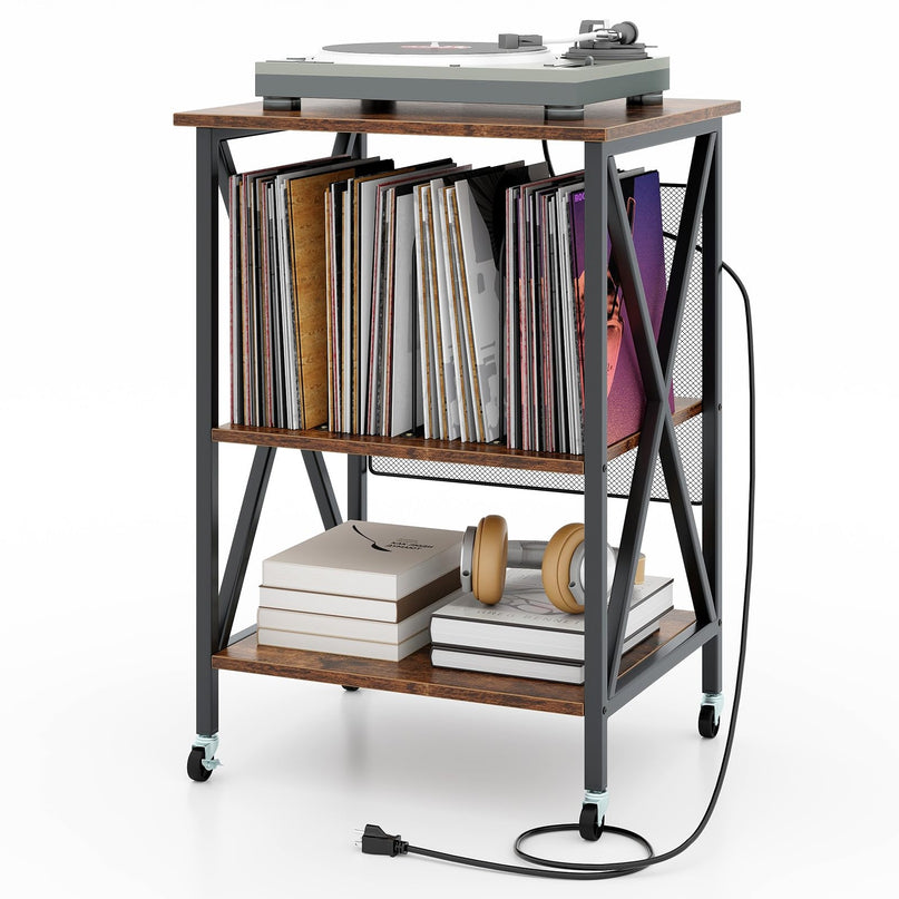 Giantex Record Player Stand with Charging Station, Turntable Stand with Record Storage & 4 Rolling Wheels
