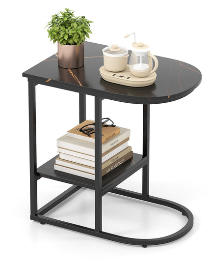 Giantex C Shaped End Table with Faux Marble Tabletop & Storage Shelf