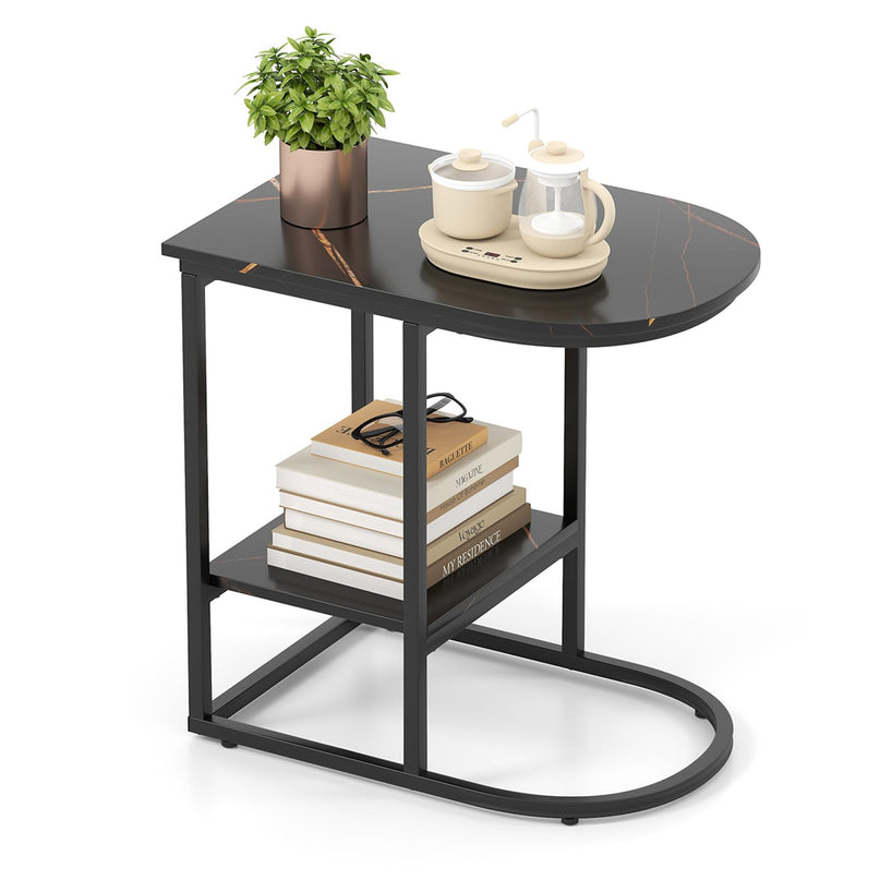 Giantex C Shaped End Table with Faux Marble Tabletop & Storage Shelf