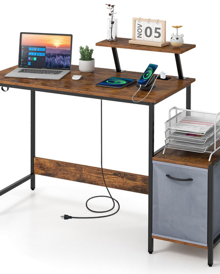 Giantex Computer Desk with Drawer and Power Outlet, Home Office Desk with Reversible Storage Drawer