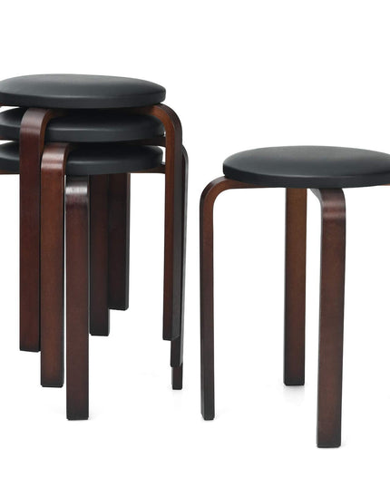 4-Pack Bentwood Stack Stools, 18.5-Inch Portable Stools with PU Leather Round Top, Non-Slip Foot Mats