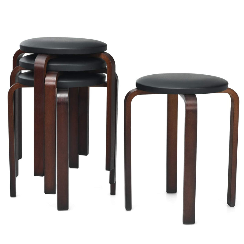 4-Pack Bentwood Stack Stools, 18.5-Inch Portable Stools with PU Leather Round Top, Non-Slip Foot Mats