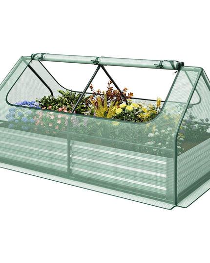 Giantex Galvanized Steel Raised Garden Bed with Mini Greenhouse, Outdoor Metal Planter Box Kit with Large Roll-up Cover