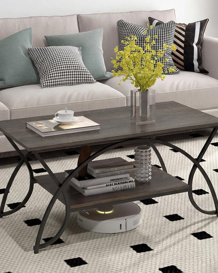 Giantex Table Basse en Bois de 39,5" avec Étagère de Rangement Ouverte et Cadre en Métal Finition Noire