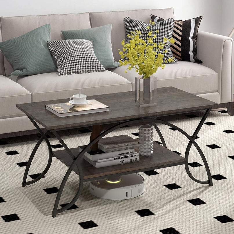 Giantex Table Basse en Bois de 39,5" avec Étagère de Rangement Ouverte et Cadre en Métal Finition Noire