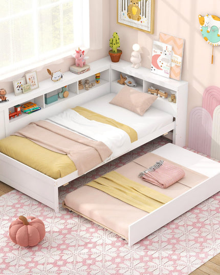 Giantex Twin Daybed with Trundle, Wood Twin Bed Frames with Storage Headboard, Reversible Bookcase