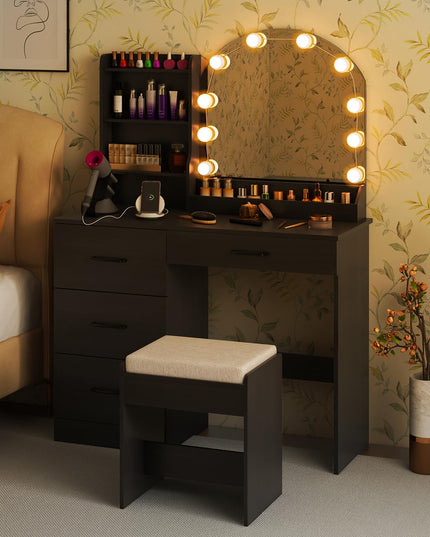 Vanity Desk with Lights - Makeup Vanity Table with Charging Station, 4 Drawers, 3 Storage Shelves