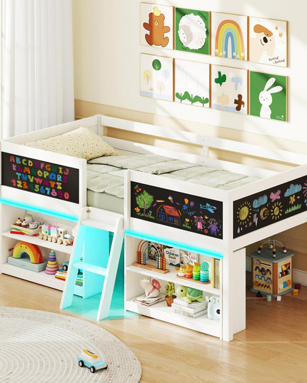 Giantex Low Loft Bed with LED Lights Wooden Twin Size Loft Bed（Twin with Light）