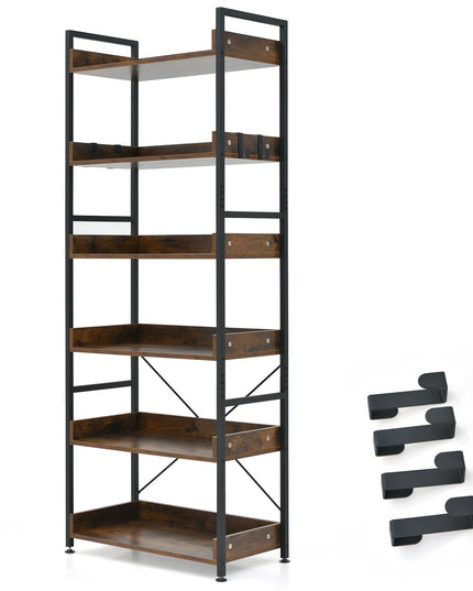 Giantex Industrial 6-Tier Bookshelf, 70" Tall Freestanding Storage Display Shelf with 4 Hooks