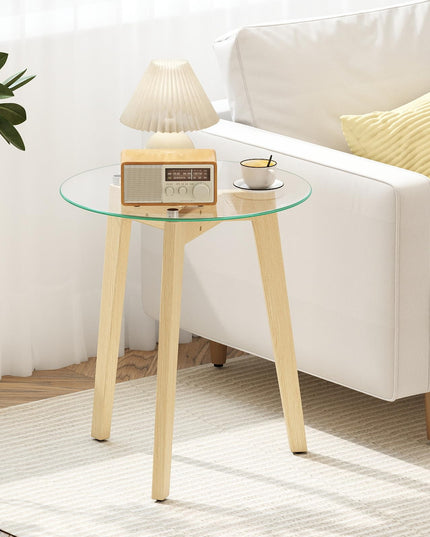 Giantex Modern Round Bedside Nightstand with Clear Tempered Glass Top & Rubber Wood Legs