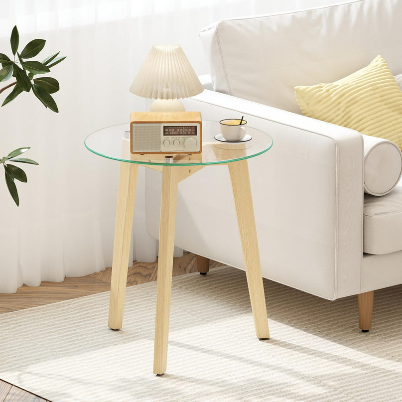 Giantex Modern Round Bedside Nightstand with Clear Tempered Glass Top & Rubber Wood Legs