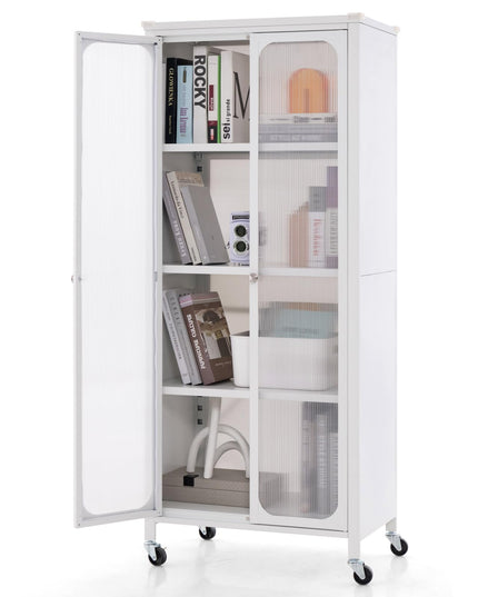 Bibliothèque Giantex avec portes, étagère à 4 niveaux de 147 cm de haut avec roulettes, étagères réglables (blanc)