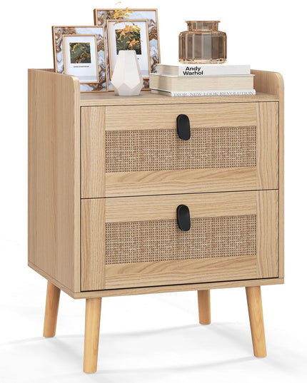 Giantex Rattan Nightstand, Boho 3-Drawer Dresser with 4 Solid Wood Legs