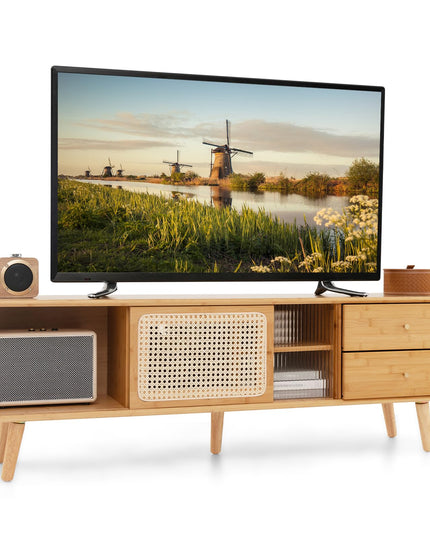 Giantex Bamboo TV Stand for 55 60 65 Inch TV, PE Rattan Entertainment Center with Sliding Doors