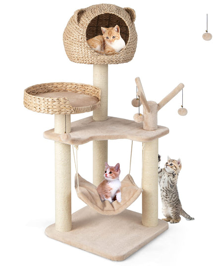 Giantex Wooden Cat Tree, 48 inches Cat Tower with Cattail Condo, Cat Bed, Hammock, Rotatable Jingling Balls