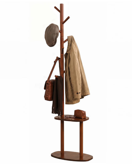 Giantex Coat Rack Freestanding | 70" Solid Wood Clothing Rack with 8 Hooks and 2 Storage Shelves