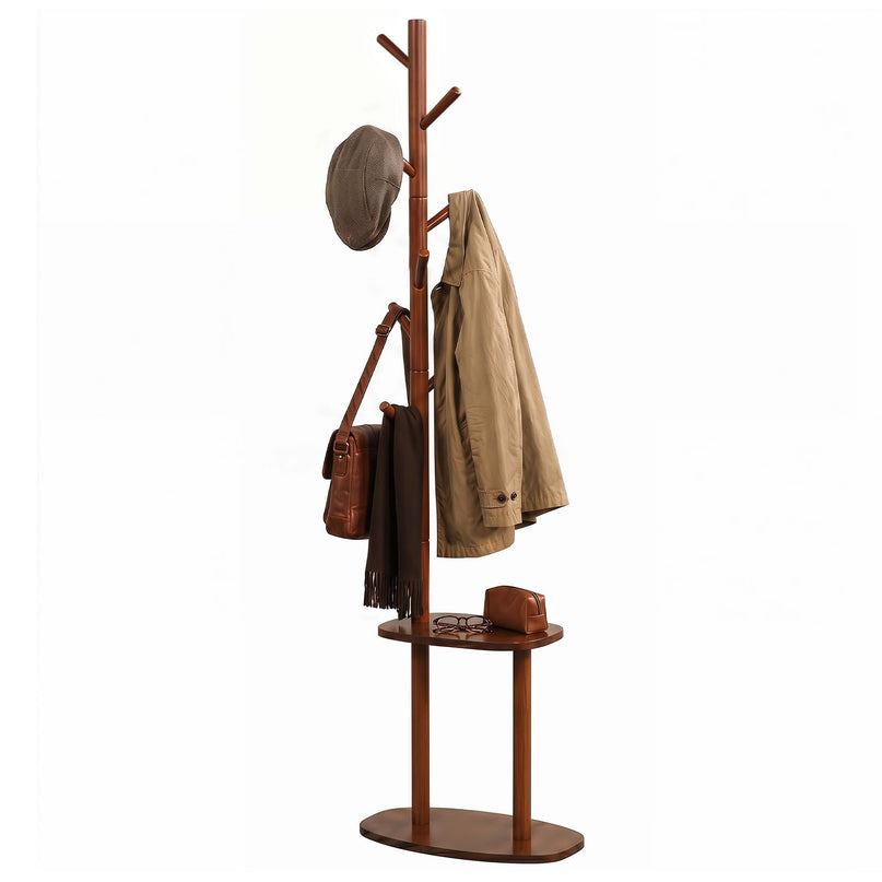 Giantex Coat Rack Freestanding | 70" Solid Wood Clothing Rack with 8 Hooks and 2 Storage Shelves