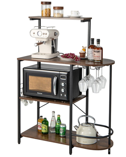 Giantex Kitchen Bakers Rack, 4-Tier Microwave Stand with 6 Hooks & Stemware Racks (Rustic Brown)