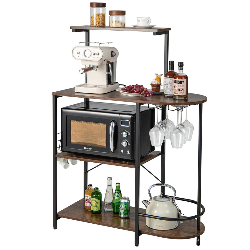 Giantex Kitchen Bakers Rack, 4-Tier Microwave Stand with 6 Hooks & Stemware Racks (Rustic Brown)