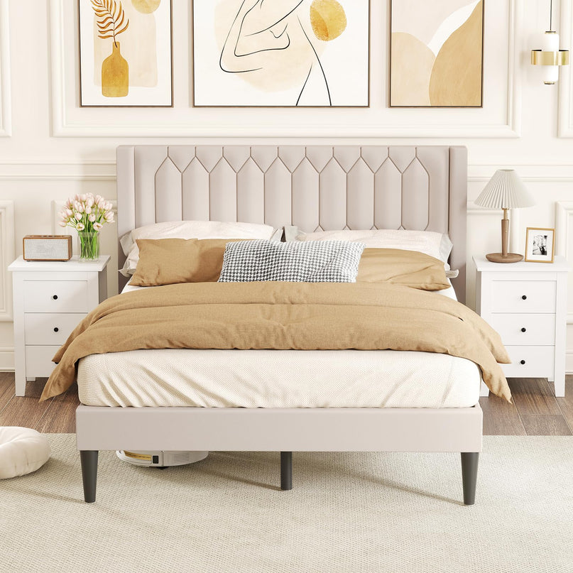 Giantex Queen Size Dutch Velvet Upholstered Platform Bed with Wingback Headboard