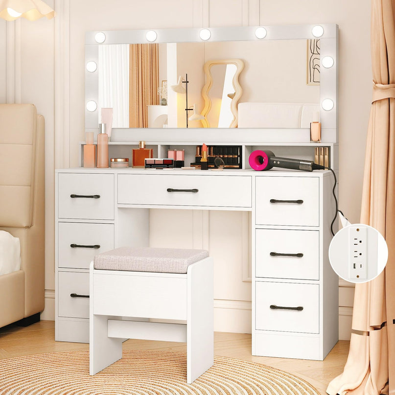 Vanity Desk with Mirror and Lights for Bedroom