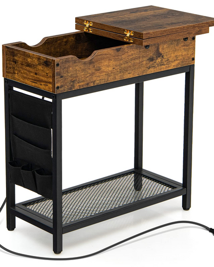 Giantex Set of 2 End Table with Charging Station, Industrial Multifunctional Nightstand