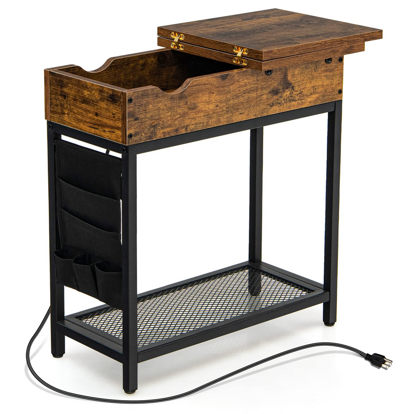 Giantex Set of 2 End Table with Charging Station, Industrial Multifunctional Nightstand