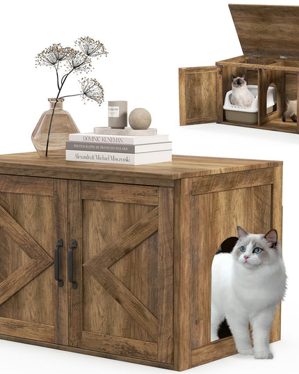 Giantex Cat Litter Box Enclosure - Flip Top Litter Box Hidden Furniture with Barn Door, Side Entrance