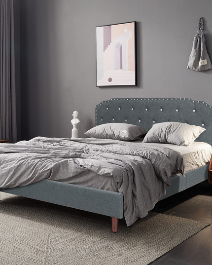 Upholstered Bed Frame w/ Adjustable Headboard, Crystal Tufted Soft Platform Bed Frame w/ Wooden Slats