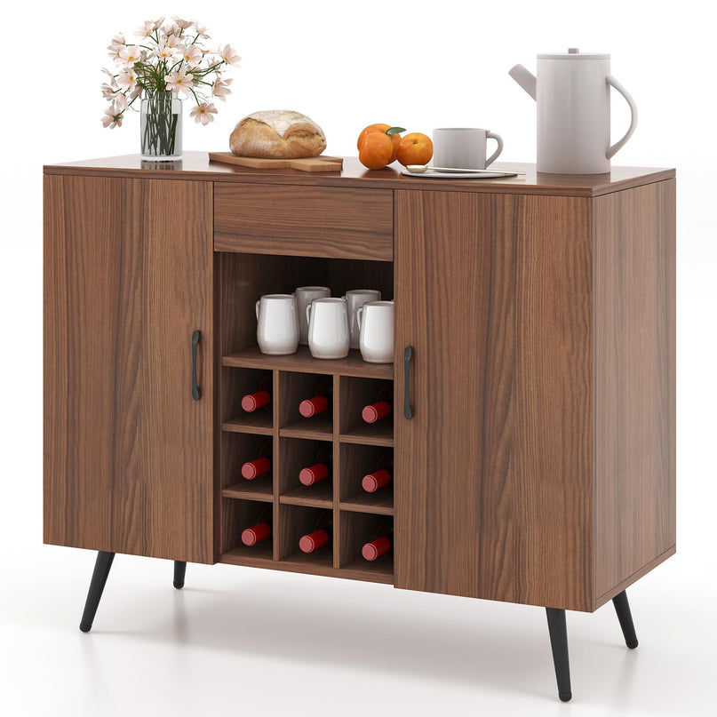 Giantex Bar Cabinet with Storage, Farmhouse Wood Buffet Sideboard, 9-Bottle Wine Rack, Drawer