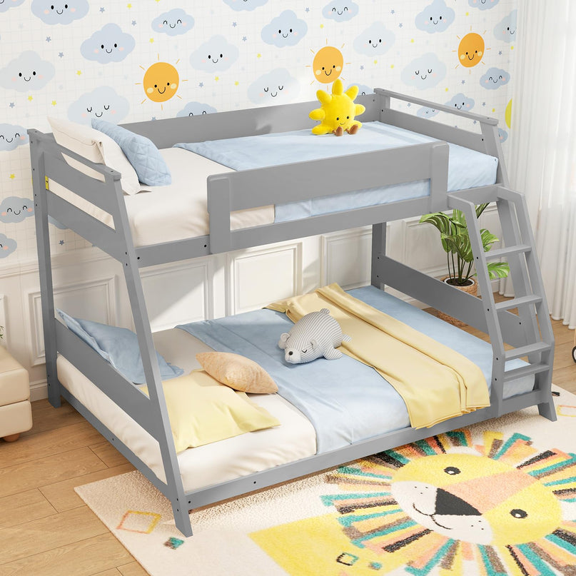 Giantex Wood Bunk Beds Twin Over Full Size, Solid Wood Floor Low Bunk Bed w/Removable Ladder
