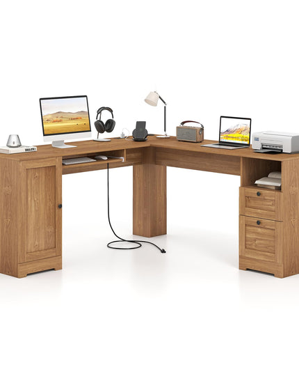 Giantex 66" L-Shaped Desk with Storage Drawers & Charging Station