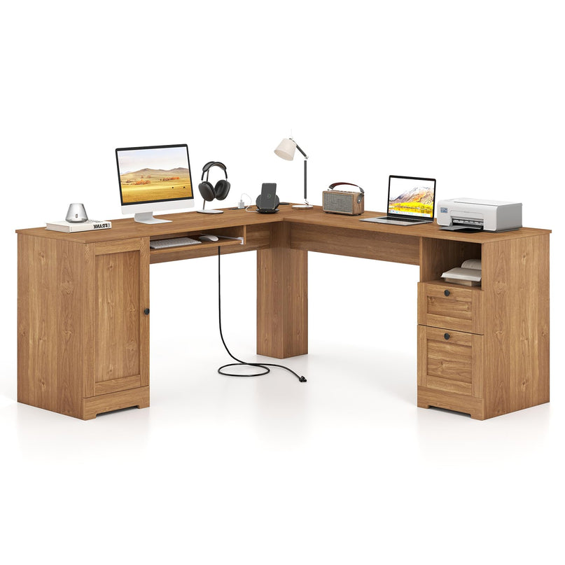 Giantex 66" L-Shaped Desk with Storage Drawers & Charging Station