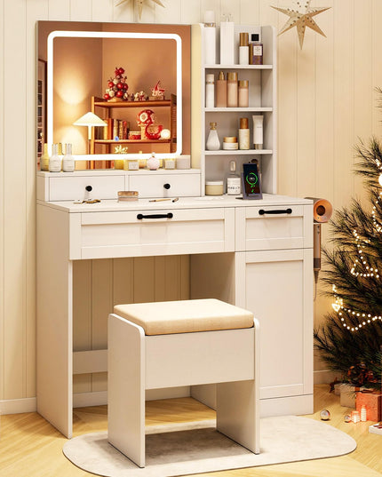 CHARMAID Makeup Vanity Table with Charging Station | White Bedroom Dressing Table with Chair