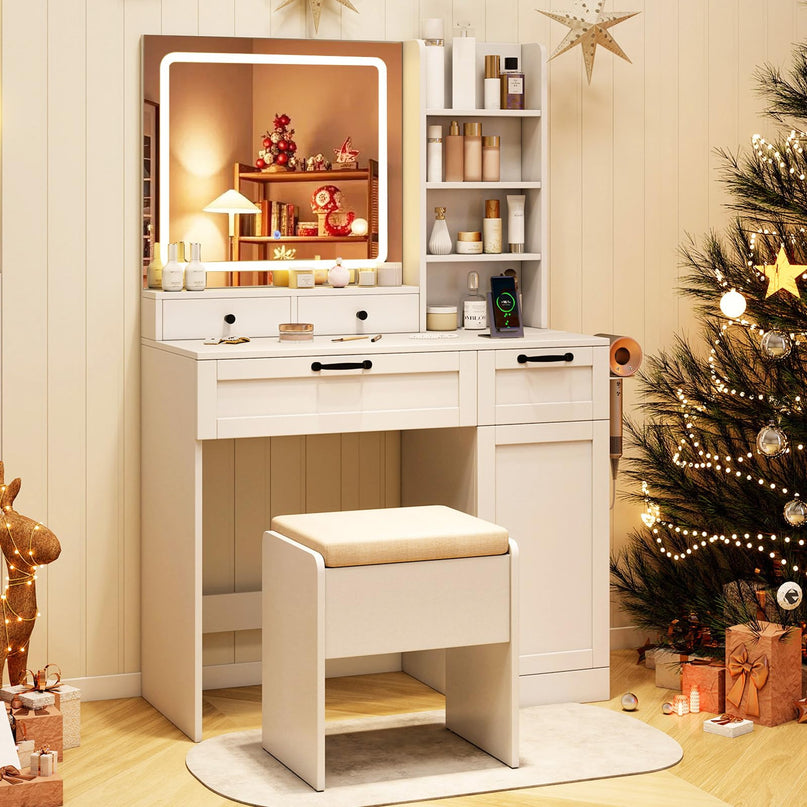 CHARMAID Makeup Vanity Table with Charging Station | White Bedroom Dressing Table with Chair