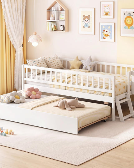 GIANTEX Trundle Bed Twin Size with Bookshelf 2-Step Ladder for Kids