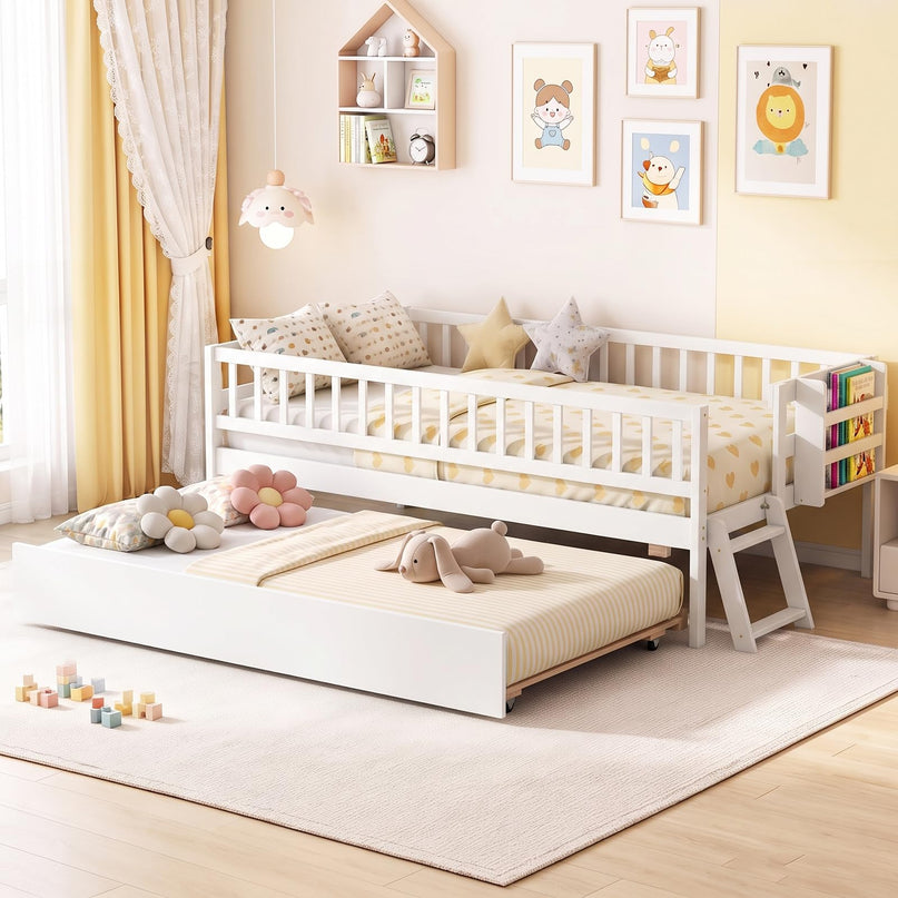 GIANTEX Trundle Bed Twin Size with Bookshelf 2-Step Ladder for Kids