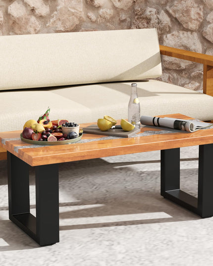 Giantex Teak Outdoor Coffee Table, Rectangular Resin Side Table with River Feel Epoxy Tabletop