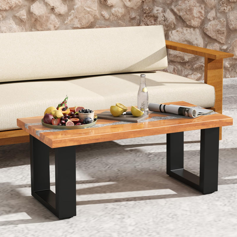 Giantex Teak Outdoor Coffee Table, Rectangular Resin Side Table with River Feel Epoxy Tabletop
