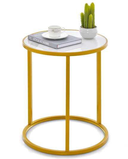 Giantex Faux Marble Side Table, Round End Table with Golden Metal Frame and White Marble Top