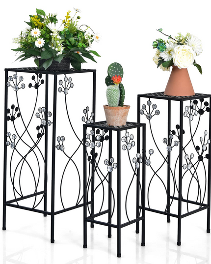 3 Pieces Flower Pots Display Rack with Vines and Crystal Floral Design