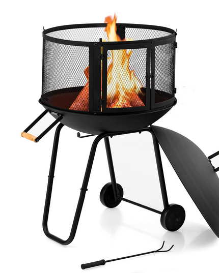 Giantex 28” Portable Fire Pit on Wheels - Mobile Wood Burning Firepit with Log Grate