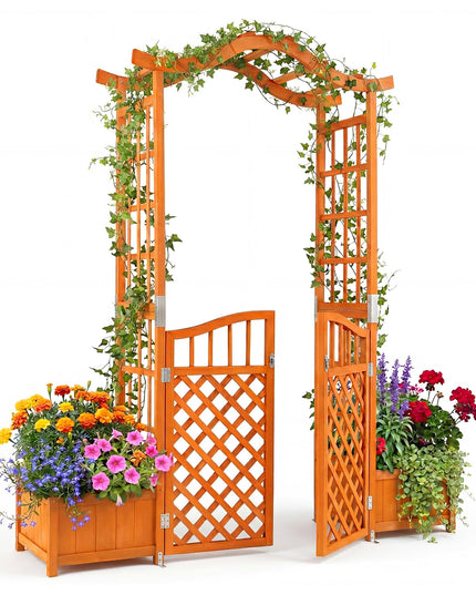 Giantex 83" Garden Arbor with Gate and 2 Planter Boxes
