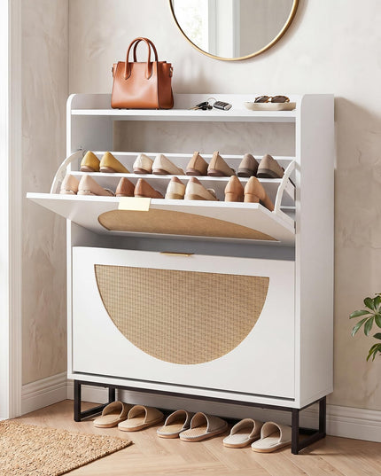 Giantex Faux Rattan Hidden Entryway Shoe Storage Cabinet with 2 Flip Drawers