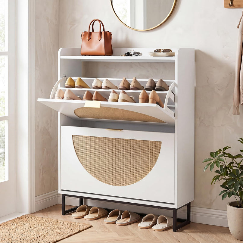 Giantex Faux Rattan Hidden Entryway Shoe Storage Cabinet with 2 Flip Drawers