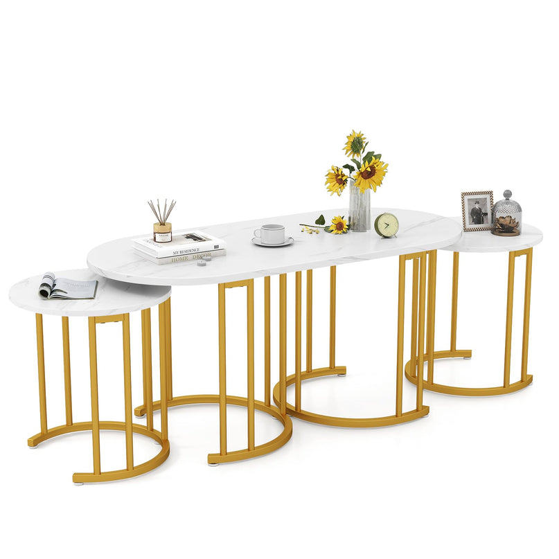 Lot de 3 tables basses gigognes Giantex, tables d'appoint empilables avec plateau en faux marbre et cadre en métal doré