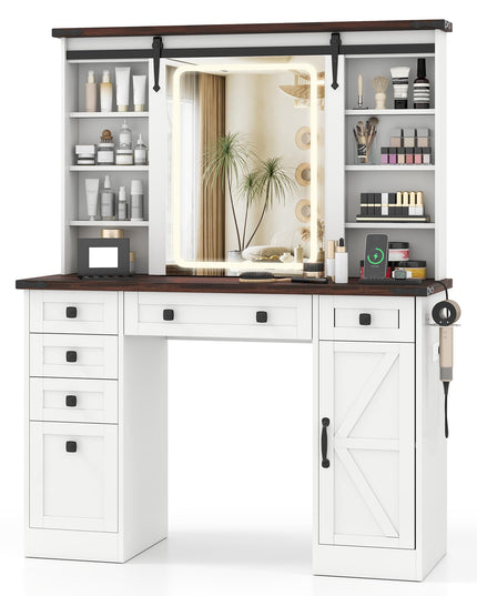 CHARMAID Farmhouse Vanity Table with Barn-Style Sliding Lighted Mirror