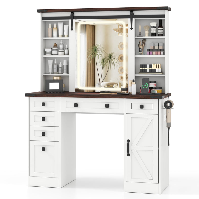 CHARMAID Farmhouse Vanity Table with Barn-Style Sliding Lighted Mirror